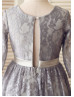Gray Lace Long Sleeves Slit Back Knee Length Flower Girl Dress  